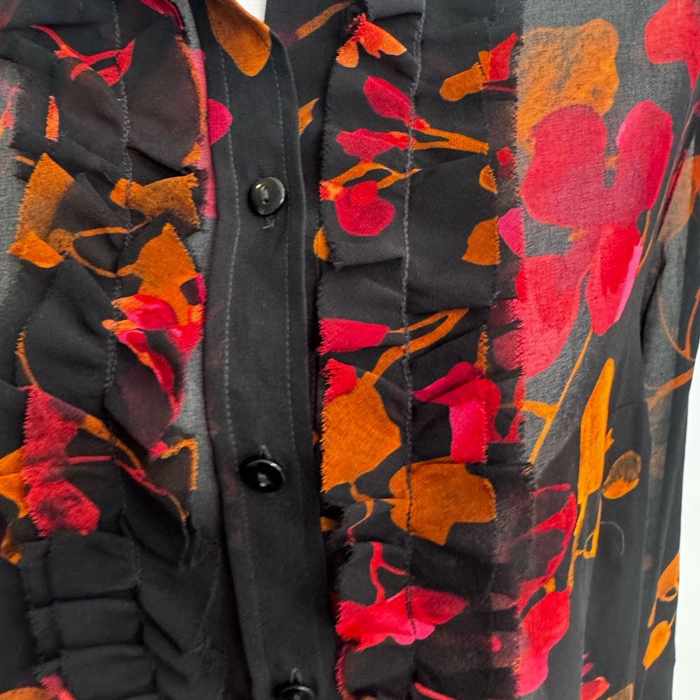 CAbi Black, Orange and Red Floral Ruffle Front Button Down Blouse - Picture 7 of 11